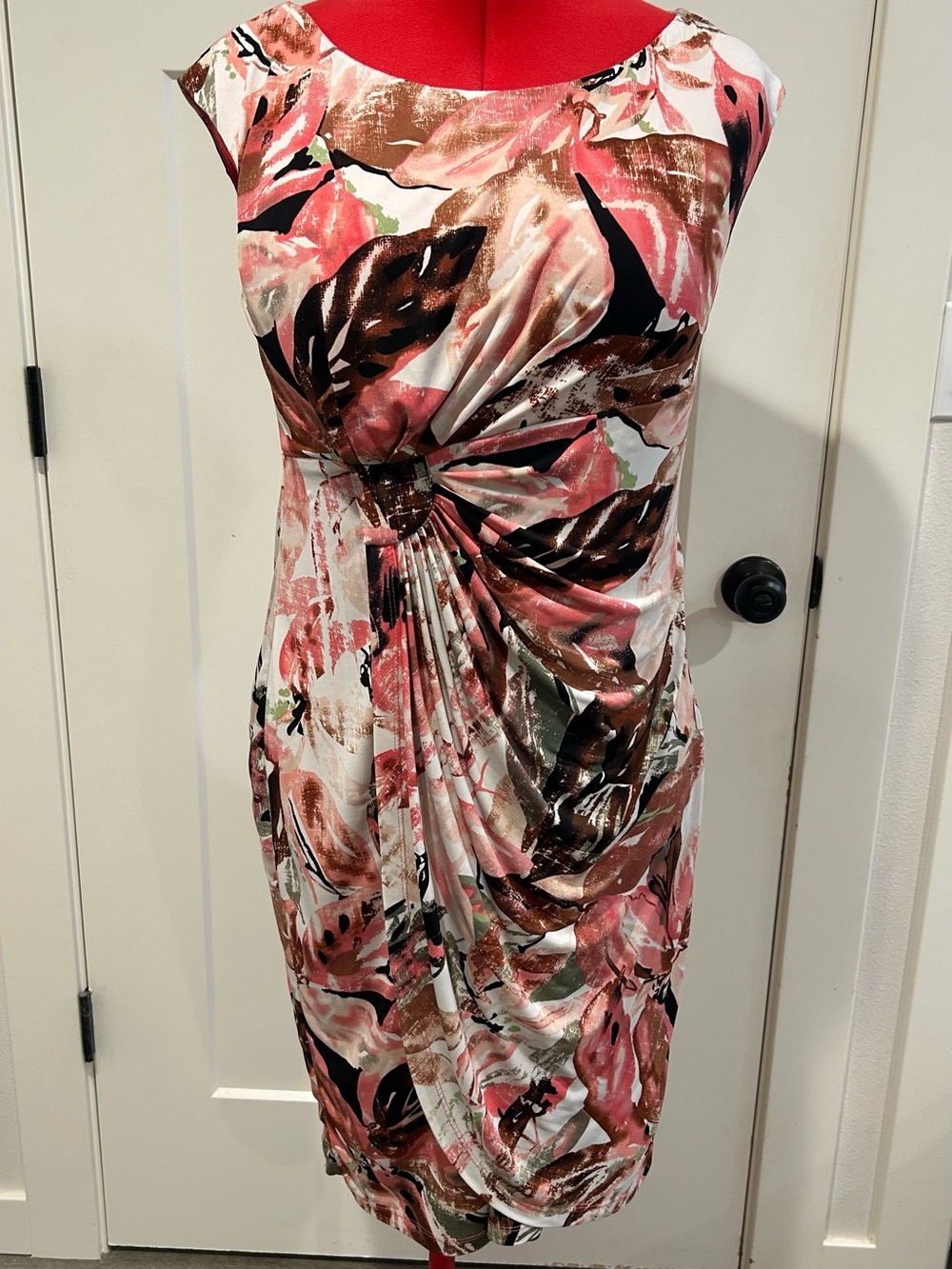 connected apparel Coral Peach Brown Floral Draped Midi Dress